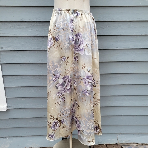 Vintage 90s y2k Kathy Lee Blue Tan Satin Purple Floral Midi Slip Skirt 12 - Picture 7 of 10